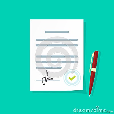 Agreement document vector icon, legal paper sheet contract page with signature and approved stamp Vector Illustration