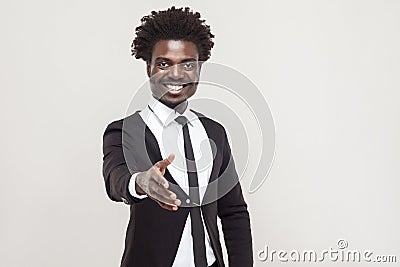 Happiness businessman showing hand at camera and need handshake Stock Photo