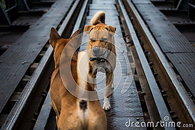 Agressive dogs stare and fight on railway Stock Photo