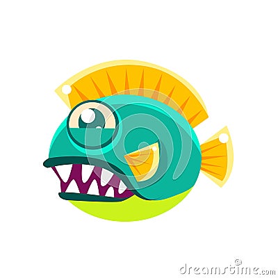 Agressive Round Turquoise Fantastic Aquarium Tropical Fish With Big Teeth Cartoon Character Vector Illustration