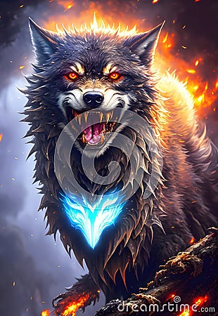 Agressive wolf creature, demon wolf with bared teeth Cartoon Illustration