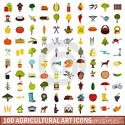 100 agricultural art icons set, flat style Vector Illustration