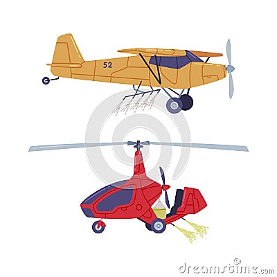 Agricultural aviation. Biplane and rotorcraft with propeller for agricultural and farming works flat vector illustration Vector Illustration
