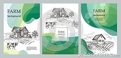 Agricultural backgrounds. Cow and village house. Agricultural brochure layout design. Silhouettes of cows. Vector Illustration