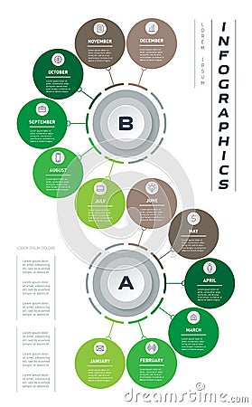 Agricultural calendar for 2022. Time line with Twelve icons. Gardener's calendar template with 12 months, steps or processes Vector Illustration