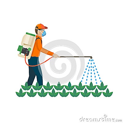 Agricultural chemicals are spayed by farmer over the plants Vector Illustration