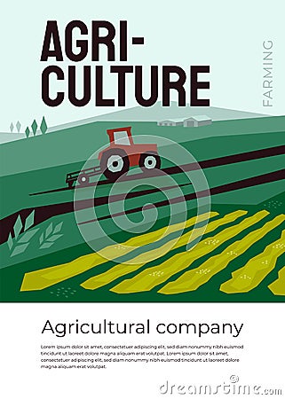 Agricultural company design poster. Tractor plows on field Vector Illustration