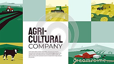 Agricultural company design template. Farming, cow in pasture Vector Illustration