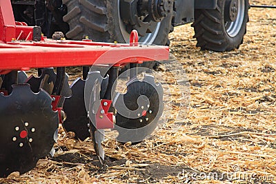 Agricultural disc harrow, close-up on the ground Stock Photo