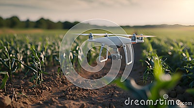 Agricultural drone technology at work in a cornfield, with soft morning light Stock Photo