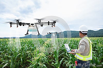 Agricultural Engineering robot Tech is controlling drone for farming innovation, Generative Ai Stock Photo