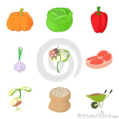 Agricultural enterprise icons set, cartoon style Vector Illustration