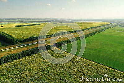 Agricultural farming fields during harvest season near road. Farmland, rural scenery. Natural background. Aerial view Stock Photo