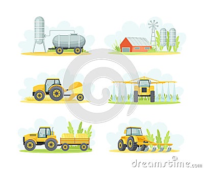 Agricultural Farming Machinery with Water Tank, Hay Baler, Barn, Plow and Sprayer Vector Set Stock Photo
