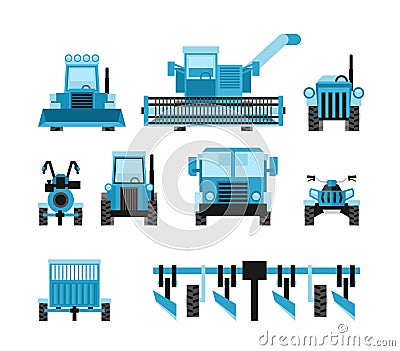 Agricultural harvesting vehicles set with tractor harvesting trailer. Vector Illustration