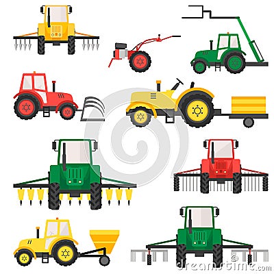 Agricultural harvesting vehicles set with tractor harvesting trailer. Cartoon Illustration