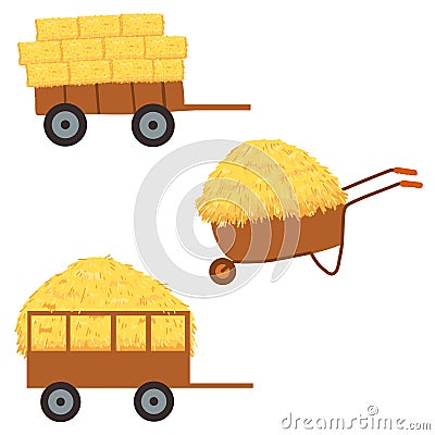 Agricultural haycock in the trailer and wheelbarrow in cartoon flat style, rural hay rolled stack, dried farm haystack Vector Illustration