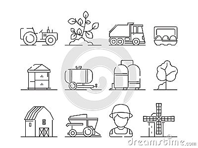 Agricultural icon. Industrial farming machine village nature field farm landscape and buildings vector symbols Vector Illustration