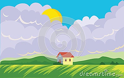 Agricultural landscape with farmer`s house. Field and Cumulus clouds with the sun. Vector landscape illustration. Vector Illustration