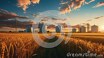 Agricultural landscape with grain silos in the field at sunset. Stock Photo