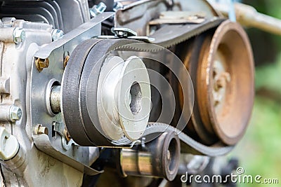 Agricultural machine part. Pulley and belt transmission Stock Photo