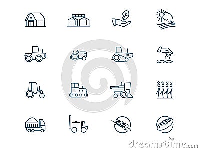 Agricultural machinery and agribusiness vector linear icons set Vector Illustration