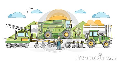 Agricultural machinery for agronomy farming field harvest outline concept Vector Illustration