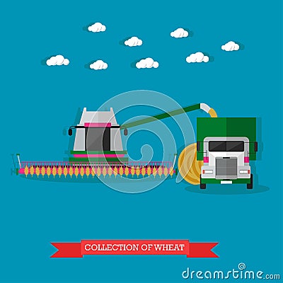 Agricultural machinery on field combine harvester and truck, vector illustration Vector Illustration