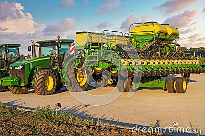 Agricultural machinery in parking lot Editorial Stock Photo