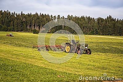 a tractor collecting grass in a field against a blue sky. Season harvesting, grass, agricultural land. Stock Photo