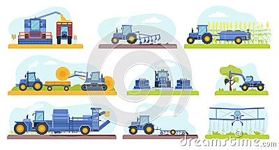 Agricultural machinery work on field, dig soil, water and harvest. Combine machines for cereal crop and corn. Flat farm Vector Illustration