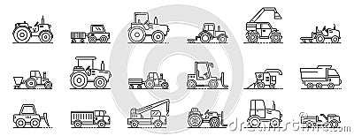 Agricultural machines icons set, outline style Vector Illustration