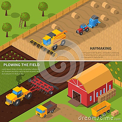 Agricultural Machines Isometric Banner Set Vector Illustration