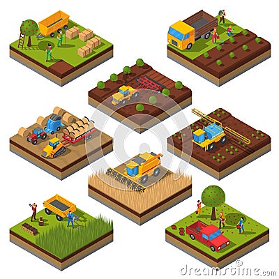 Agricultural Machines Isometric Field Set Vector Illustration