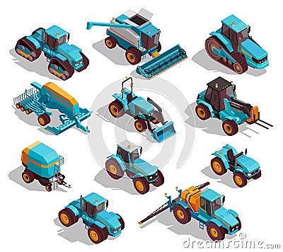 Agricultural Machines Isometric Icons Set Vector Illustration