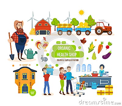 Agricultural products, livestock, purchase, sale of goods and delivery. Vector Illustration