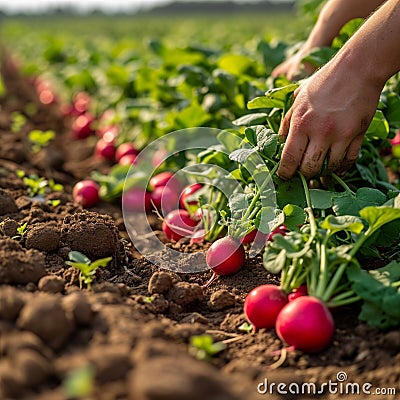 Agricultural richness Hands picking red radishes in a sun kissed field Stock Photo