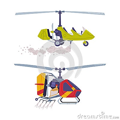 Agricultural rotorcraft airplanes. Helicopters spraying pesticides and fertilizers, side view flat vector illustration Vector Illustration