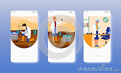 Agricultural soil quality testing in lab, field. Mobile app screens, vector website banner template. UI, web site design Vector Illustration