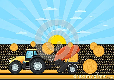 Agricultural tractor hay baler in field Cartoon Illustration