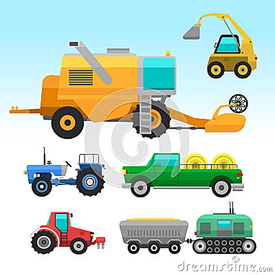 Agricultural vehicles and harvester machine combines and excavators icon set with accessories for plowing mowing Vector Illustration