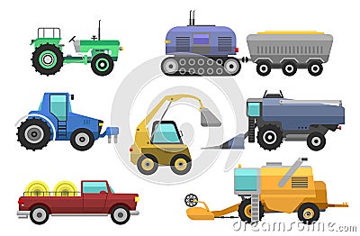 Agricultural vehicles harvester vector tractor machine, combines and excavators. Icon set agricultural harvester machine Vector Illustration