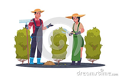 Agricultural work. Cartoon farmer activities. People work in garden. Gardeners collect leaves with rake and trim Cartoon Illustration