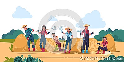 Agricultural work concept. Cartoon farmer characters working in fields, harvesting and cropping. Vector organic eco food Vector Illustration
