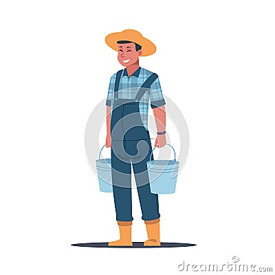 Agricultural work. Farmer characters working in field. Farm worker holding buckets. Man harvesting crops and fruits Vector Illustration