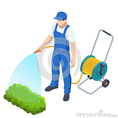 Agricultural work. Isometric farmer watering a vegetable garden. Gardener with watering hose and sprayer water on the Vector Illustration