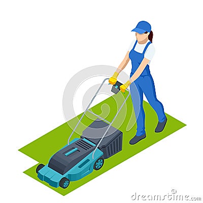 Agricultural work. Woman lawn mower grass cutting farmer harvest in garden . Lawn mover on green grass. Machine for Vector Illustration