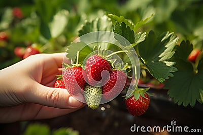 Agriculture in action Female farmer harvesting fresh organic strawberries in garden Stock Photo