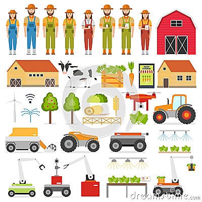 Agriculture automation smart farming icons set with isolated images of farmer and robot Vector Illustration