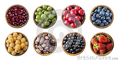 Top view. Fruits and berries in bowl on white background. Fruits with copy space for text. Collage of different fruits and berries Stock Photo